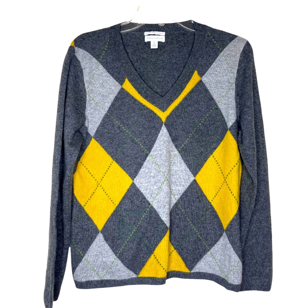 Charter‎ Club 2 Ply Cashmere V Neck Sweater Gray Yellow Sz Medium Preppy
